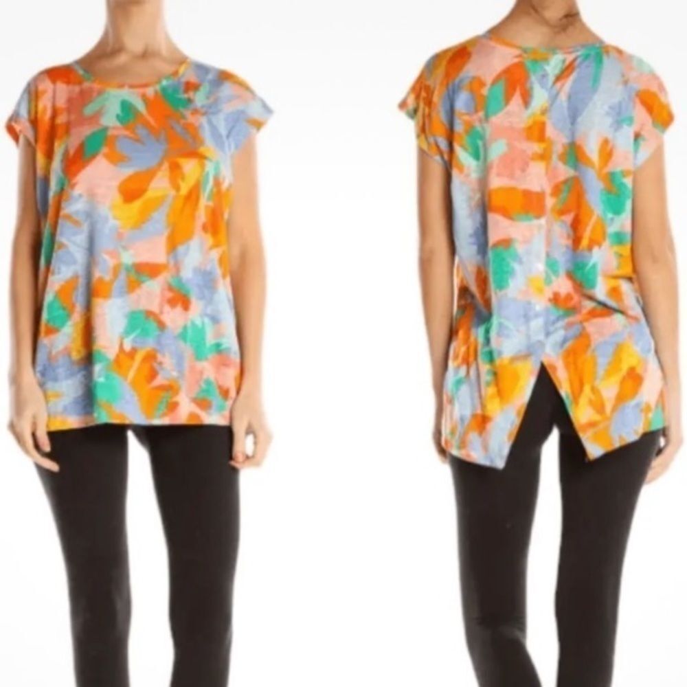 Linen Joie SZ S Peachy Tropical Print Breezy Top Button Down Back Oversized